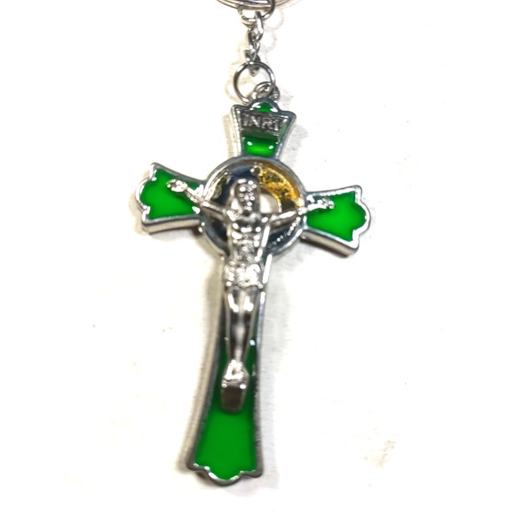INRI Jesus Cross Keychain Green Enamel Silver Tone 4" Long Religious - Picture 5 of 7